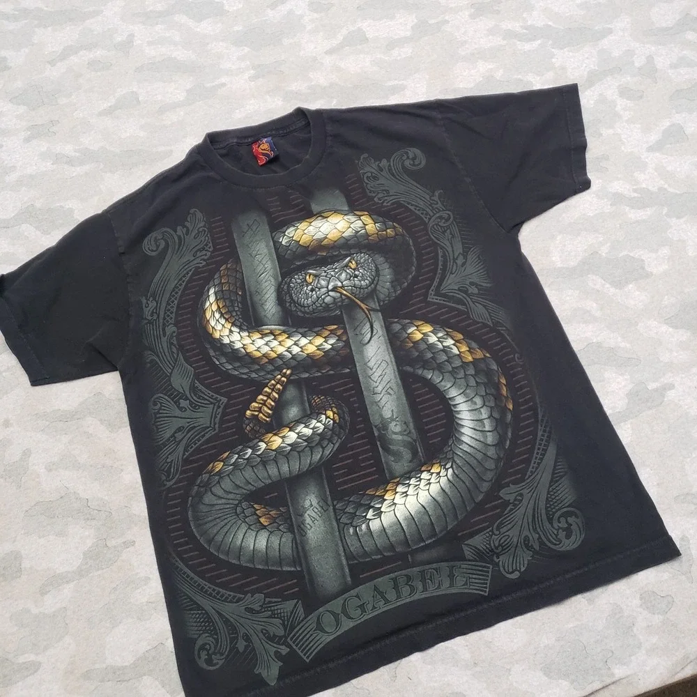 Ogabel Shirt Mens Large‎ Black Short Sleeve Snake